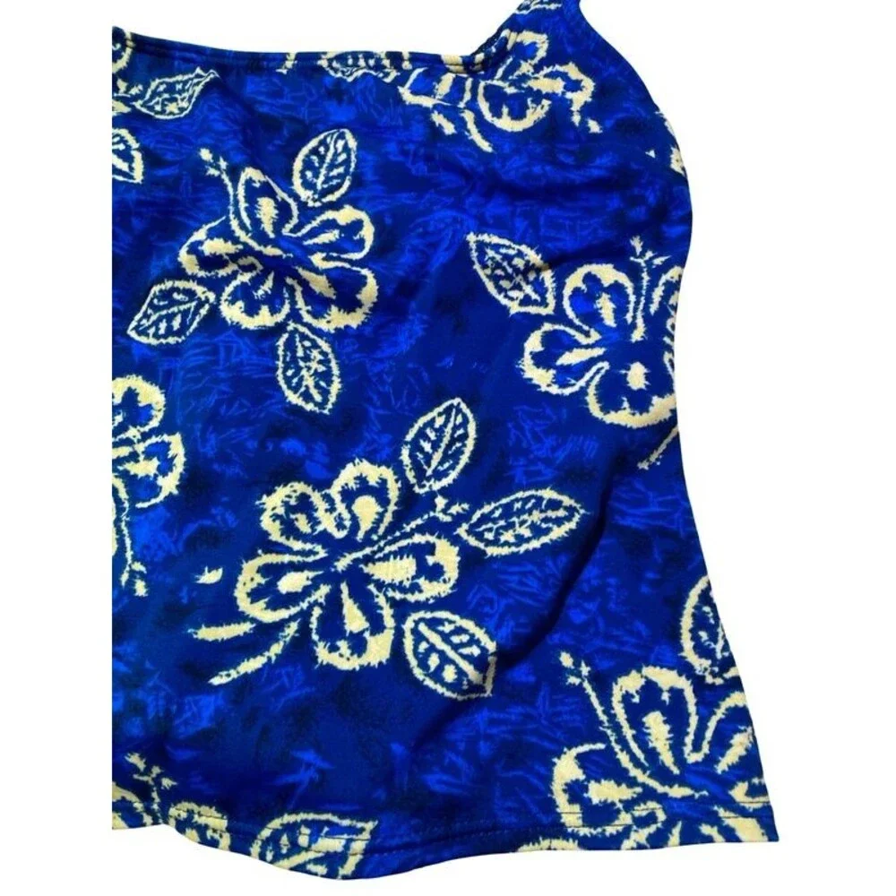 Lands’ End Tankini Swimsuit Set Size 8 Blue Gold Hibiscus Floral Vintage Y2K